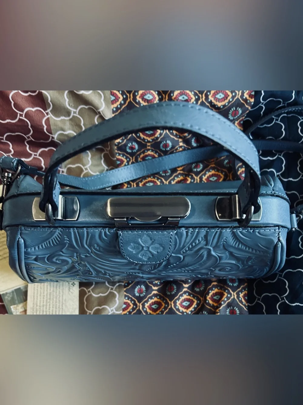 Patricia Nash Gracchi Tooled Leather Frame Satchel P384244 Safflower Blue